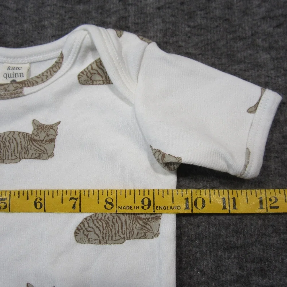 Kate Quinn Bodysuit Baby 6-12M White Brown Cats Snap Organic Cotton Cozy Cute
